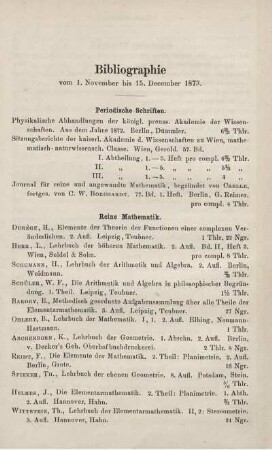 Bibliographie vom 1. November bis 15. December 1873.