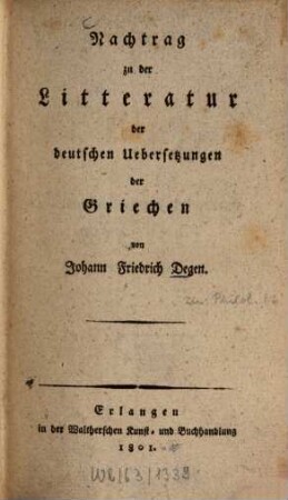 Nachtrag zu der Litteratur der deutschen Uebersetzungen der Griechen