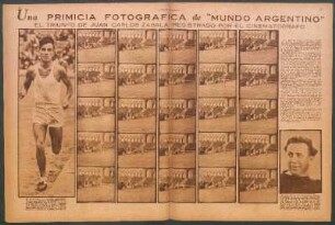 Una primicia fotográfica de "Mundo Argentino" [Fotografías] : El triunfo de Juan Carlos Zabala registrado por el cinematógrafo