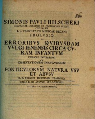 Prolusio de erroribus quibusdam vulgi Jenensis circa curam infantum