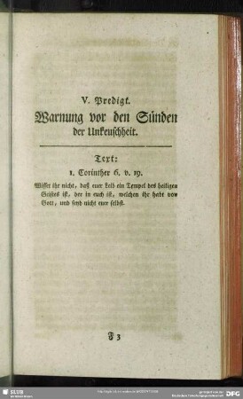 V. Predigt. Warnung vor den Sünden der Unkeuschheit