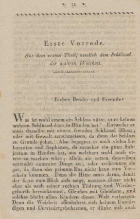 Erste Vorrede. Aus dem ersten Theil, nemlich dem Schlüssel der wahren Weisheit.