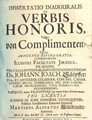 Dissertatio Inauguralis De Verbis Honoris Vulgò Von Complimenten