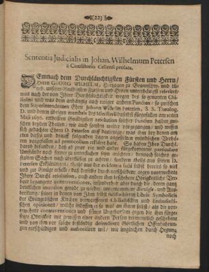 Sententia Judicialis in Johan. Wilhelmum Petersen à Consistorio Cellensi prolata
