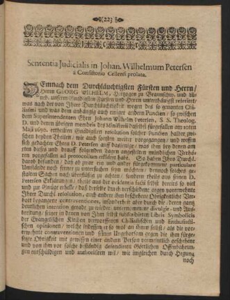 Sententia Judicialis in Johan. Wilhelmum Petersen à Consistorio Cellensi prolata