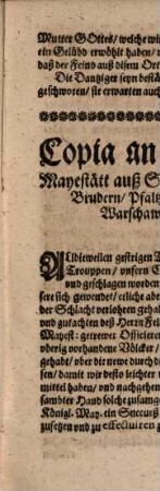 Extract Auß Etlichen Copey-Schreibens herauß gezogen : Mit Angehengten zweyen Schreiben, deren eines deß König auß Schweden Herr Bruder Pfaltzgraff Johann Adolph an jhme hat abgehen lassen, von denen Pollnischen aber intercipirt; Das ander aber von dem Tartarischen Cham, dem Churfürsten von Brandenburg zugeschicket worden