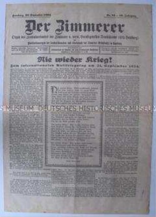 Fachzeitung des Zentralverbandes der Zimmerer zum internationalen Antikriegstag 1924