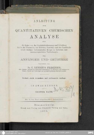 1: Anleitung zur quantitativen chemischen Analyse : für Anfänger und Geübte