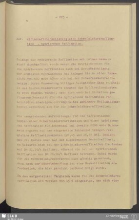 XXI. Wirtschaftlichkeitsvergleich Schwefelsäureraffination - hydrierende Raffination