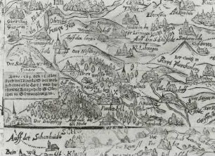 Tyringische Mapp/Oder Landtafel. Neue vollständige Delineation und Landbeschreibung der hochlöblichen Landgrafschaft Tyringen : Tyringische Mapp/Oder Landtafel. Neue vollständige Delineation und Landbeschreibung der hochlöblichen Landgrafschaft Tyringen (ca. 1:93 000). Ausschnitt mit Paulinzella. Holzschnitt, koloriert; 1118 x 1918 mm (gesamt)