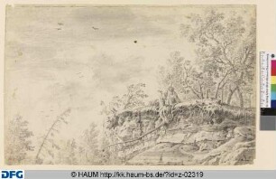 Baumlandschaft mit Mann am Rand eines Abhangs