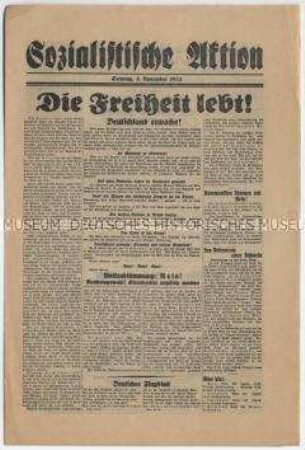 Sozialdemokratisches Exil-Blatt "Sozialistische Aktion" mit der Aufforderung, bei der Volksabstimmung am 12. November mit "Nein" zu stimmen