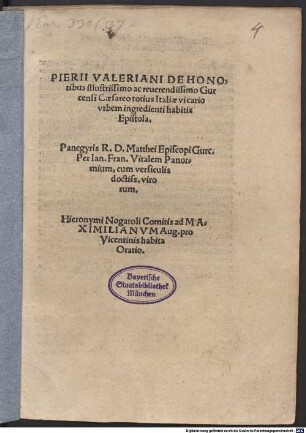 Epistola de honoribus Gurcensi Caesareo totius Italiae vicario ... habitis