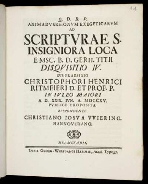 Animadversionvm Exegeticarvm Ad Scriptvrae S. Insigniora Loca E Msc. B. D. Gerh. Titii Disqvisitio IV
