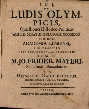De ludis Olympicis quaestiones hist. polit.