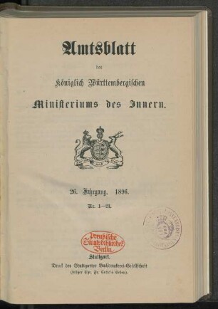 26.1896: Amtsblatt des Württembergischen Ministeriums des Innern