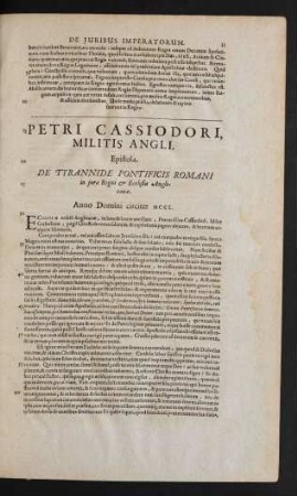 Petri Cassiodori, Militis Angli, Epistola. De Tyrannide Pontificis Romani in iura Regni [et] Ecclesiae Anglicanae.