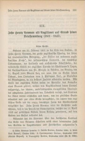 251-267 John Henry Newman als Anglikaner auf Grund seiner Briefsammlung (1801-1845) : I.