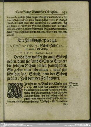 Die Fünfftzigste Predigt. 3. Census & Tributa; Sch0ß, Zoll, Contribution und Anlag