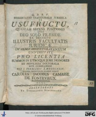Dissertatio Inauguralis Juridica De Usufructu : Quasdam Sistens Positiones