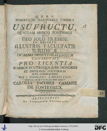Dissertatio Inauguralis Juridica De Usufructu : Quasdam Sistens Positiones