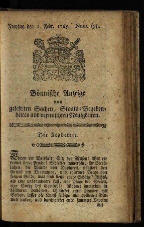 Bönnische Anzeige von gelehrten Sachen, Staats-Begebenheiten und vermischten Neuigkeiten. 1764-1770