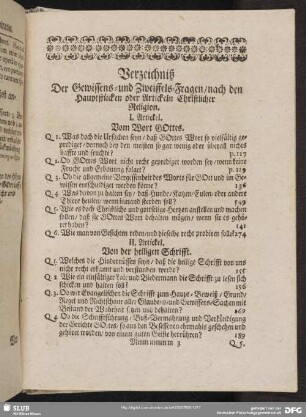 Verzeichniß Der Gewissens- und Zweiffels-Fragen, nach den Hauptstücken oder Artickeln Christlicher Religion