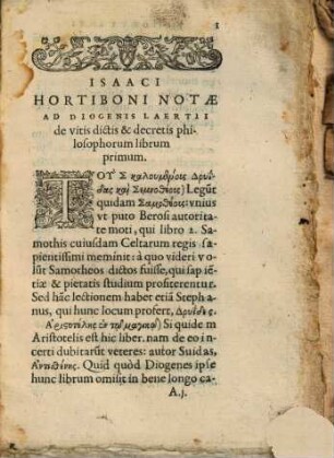 Isaaci Hortiboni Notae Ad Diogenis Laertij libros de vitis, dictis & decretis principum Philosophorum