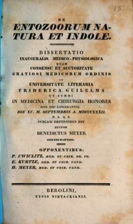 De entozoorum natura et indole : Diss. inaug. med. physiol.