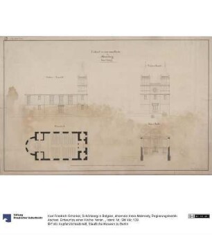 Schönberg in Belgien, ehemals Kreis Malmedy, Regierungsbezirk Aachen. Entwurf zu einer Kirche. Veränderter Entwurf mit zwei spitzen Türmen. Grundriss, Ansichten und Profil