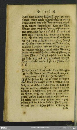 V. Bewährtes Pulver wider das Podagra und alle Arten von Gliederschmerzen