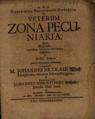 Dissertatio Philologico-Historica, De Veterum Zona Pecuniaria