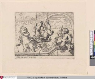 [Vier nackte Kinder, eins auf einer Schaukel sitzend; Four naked Children, One sitting on a Swing]