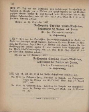 129. Ministerial-Bekanntmachung, den Wechsel in den Haupt-Agenturen der Sächsischen Feuerversicherungs-Genossenschaft zu Chemnitz betreffend