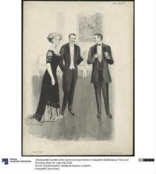 Eine Dame und zwei Herren in eleganter Ballkleidung: Frack und Smoking