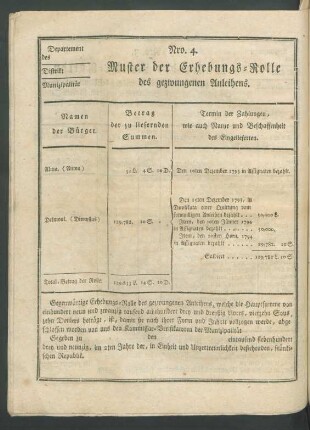 Nro. 4. Muster der Erhebungs-Rolle des gezwungenen Anleihens.