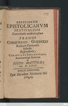 Deliciarum Epistolicarum Festivalium Exercitatio undevicesima
