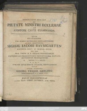 Dissertatio Moralis De Pietate Ministri Ecclesiae Ab Avditore Cavte Examinanda