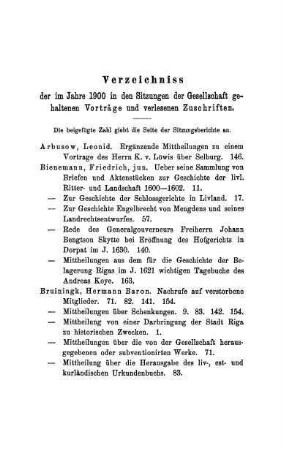 Verzeichnis der im Jahre 1900 gehaltenen Vorträge und verlesenen Zuschriften