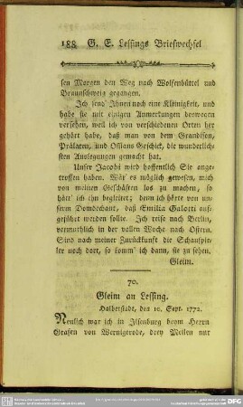 70. Gleim an Lessing. Halberstadt, den 10. Sept. 1772
