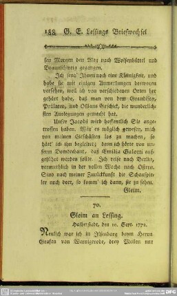 70. Gleim an Lessing. Halberstadt, den 10. Sept. 1772