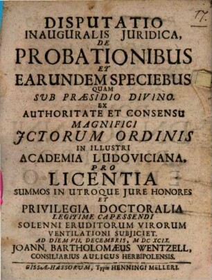 Disp. inaug. iur. de probationibus, et earundem speciebus