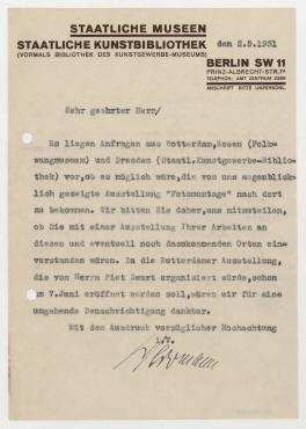 Brief Staatliche Kunstbibliothek / Wolfgang Herrmann an Raoul Hausmann. Berlin. Briefkopf: Staatliche Museen Staatliche Kunstbibliothek (vormals Bibliothek des Kunstgewerbe-Museums) Berlin SW 11 Prinz-Albrecht-Strasse 7 A