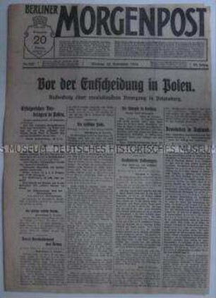 Tageszeitung "Berliner Morgenpost" mit Meldungen und Berichten von verschiedenen Kriegsschauplätzen