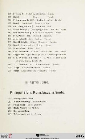 III. Abteilung. Antiquitäten, Kunstgegenstände (Nr. 292-591)