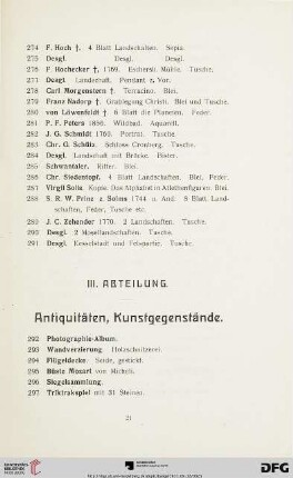 III. Abteilung. Antiquitäten, Kunstgegenstände (Nr. 292-591)