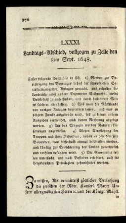 LXXXI. Landtags-Abschied, vollzogen zu Zelle den 8ten Sept. 1648.