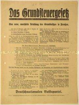 Programmatischer Wahlaufruf der Deutschnationalen Volkspartei zum Thema Grundsteuern und Eigentum - vermutlich anlässlich der Reichstagswahl Mai 1924