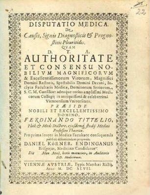Disputatio Medica, De Causis, Signis Diagnosticis & Prognosticis Pleuritidis