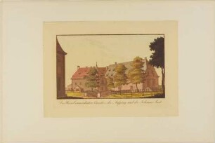 Gebäudegruppe aus Kommandanenhaus, Torhaus und neuem Zeughaus auf der Festung Königstein in der Sächsischen Schweiz von Südosten, aus einer Serie nach Engelbrechts Prospekten der Festung Königstein 1735 von Pintz